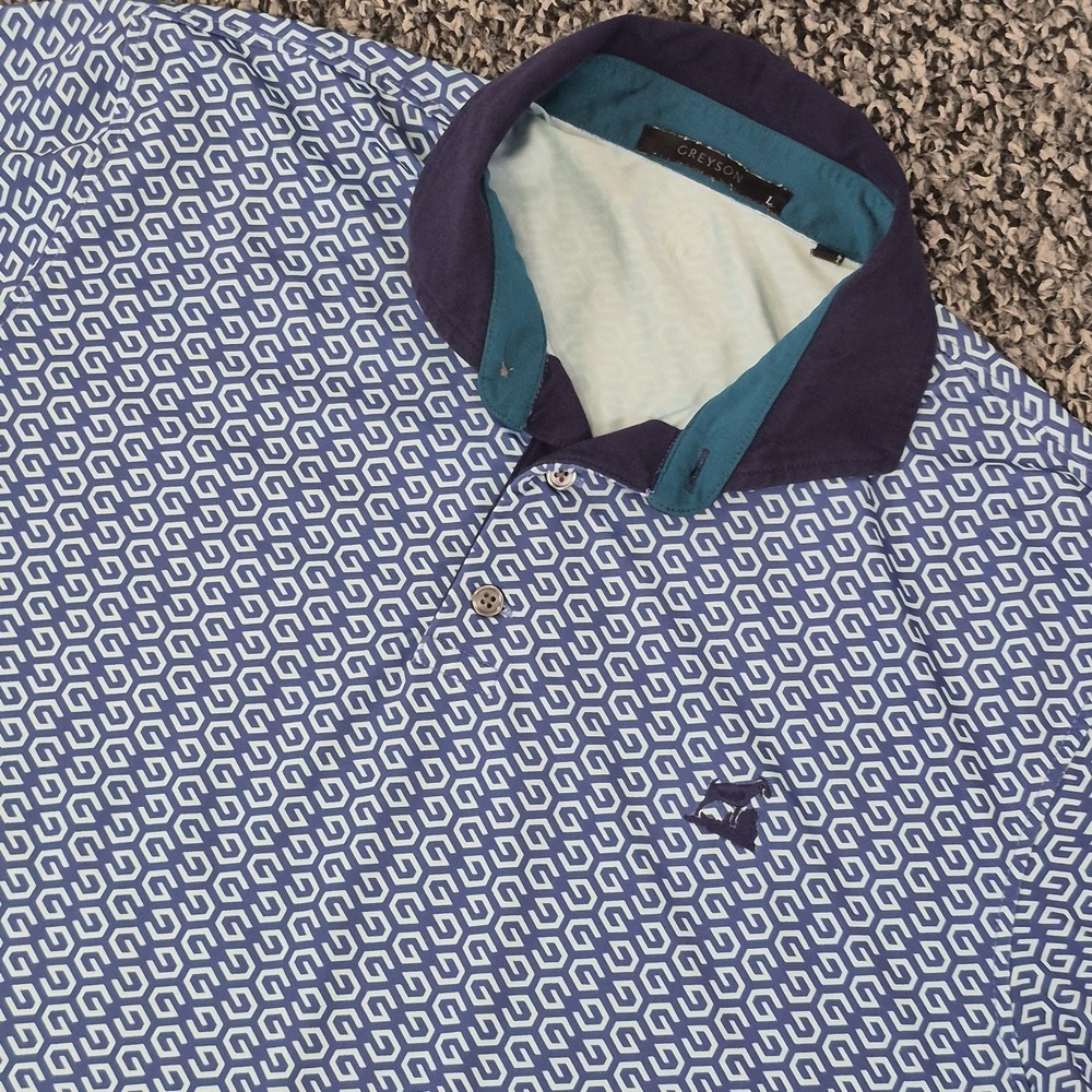 GREYSON Men's L Navy Blue Teal Wolf Arrow Geometric All Over Print Polo Shirt - Picture 1 of 7